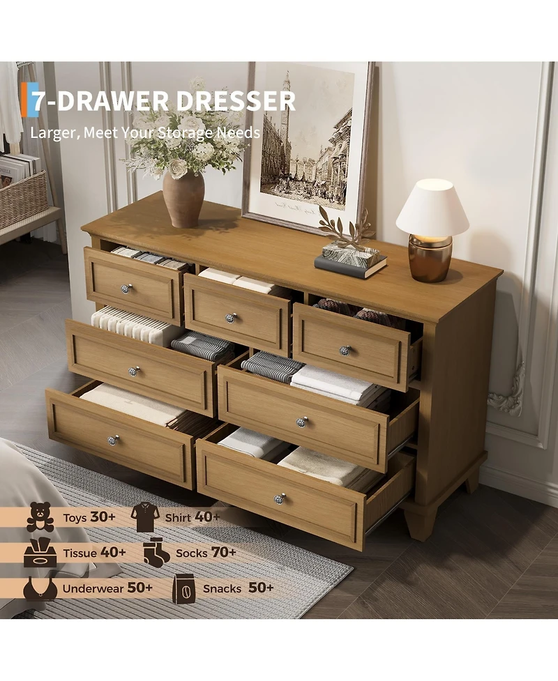 homfan Modern 7 Drawer Dresser for Bedroom - Wide Chest of Drawers Deep Storage Water-Resistant Wood Top Metal Handles Thickened Desktop