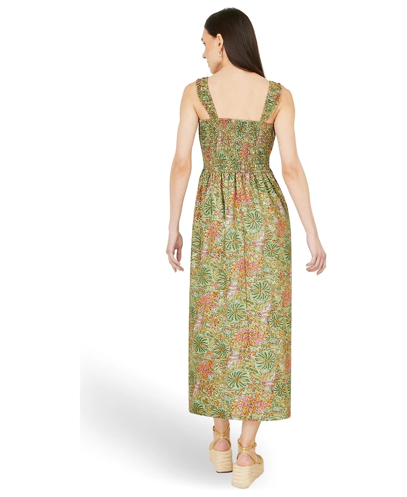 Yumi Women's Foil Palm Print Ruched Midi Dress