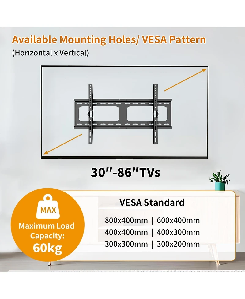 Unho Low Profile Tv Mount, 30-86 Inch, 60kg, 15 degrees Tilt, Vesa up to 800x400