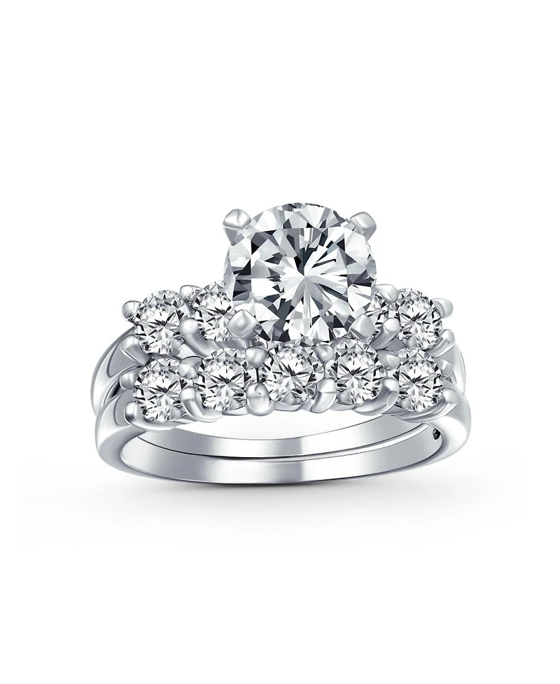 Bling Jewelry Solitaire Cz Engagement Ring Set 3.5CTW Round Side Stones Anniversary Band .925 Sterling Silver