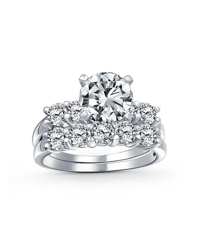 Bling Jewelry Solitaire Cz Engagement Ring Set 3.5CTW Round Side Stones Anniversary Band .925 Sterling Silver