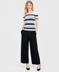 T Tahari Women's Short-Sleeve Striped Crewneck Top