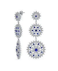 Bling Jewelry cocktail Fashion Statement Blue Sapphire Cz Triple Circle Medallion Statement Chandelier Earrings