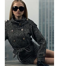 Miss Circle Women's Sadie Black and White Tweed High Collar Belted Mini Jacket