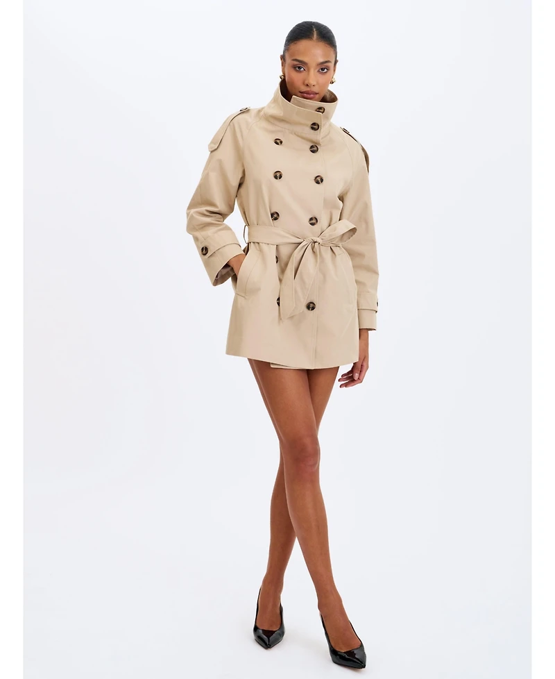 Miss Circle Women's Vanetta Tan High Collar Double-Breasted Trench Mini Coat