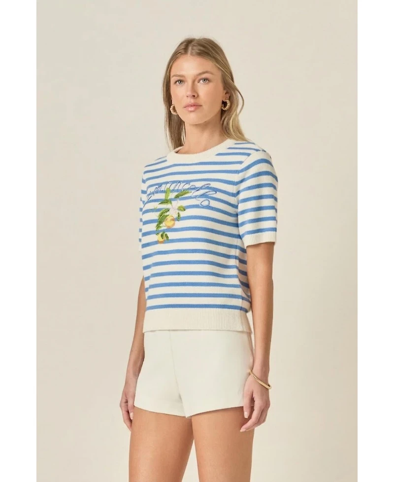English Factory Women's Striped Lemon Short Sleeve Sweater