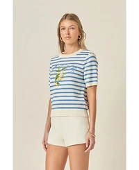 English Factory Women's Striped Lemon Short Sleeve Sweater