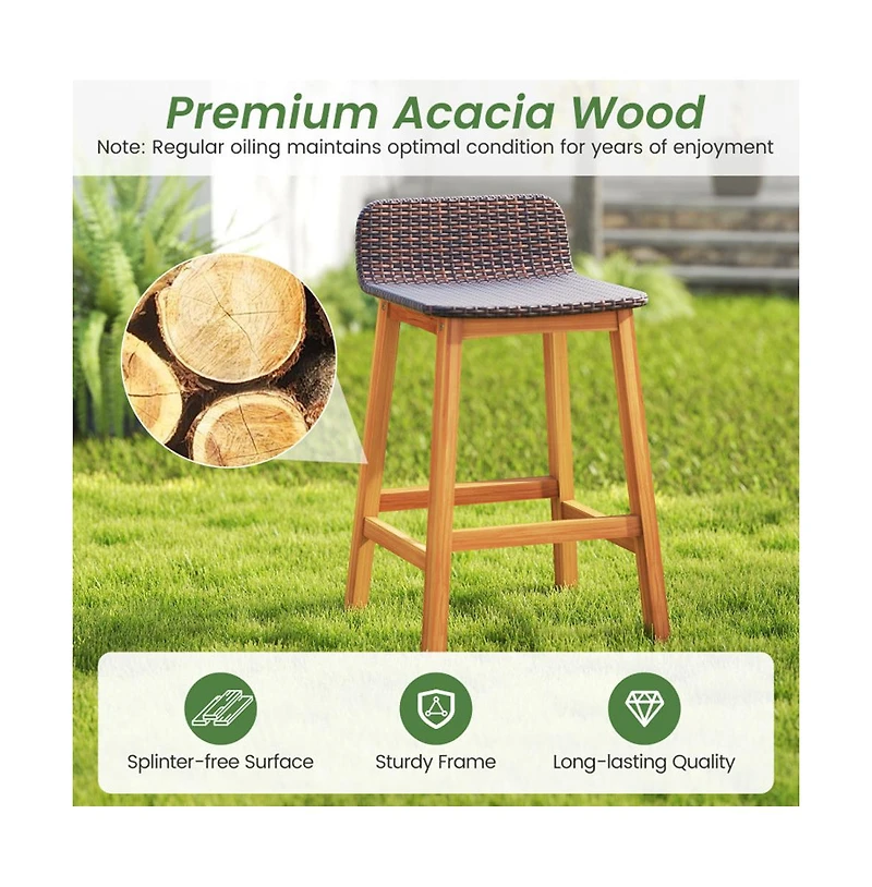Boyel Living Solid Acacia Wood Bar Stools Set of 2 with Backrests and Footrests for Porch