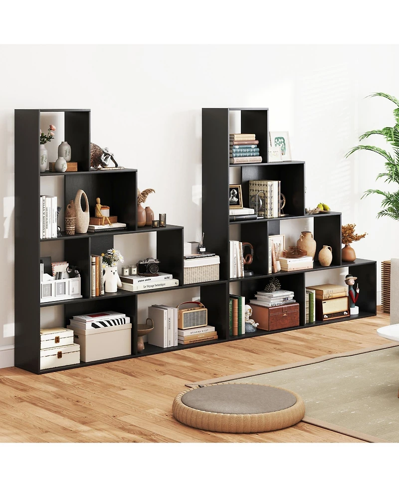 Gymax 2 Piece 4 Tier Bookshelf with 6 Storage Cubes 64 Inch Tall Modern Geometric Stair Bookcase