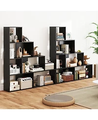 Gymax 2 Piece 4 Tier Bookshelf with 6 Storage Cubes 64 Inch Tall Modern Geometric Stair Bookcase