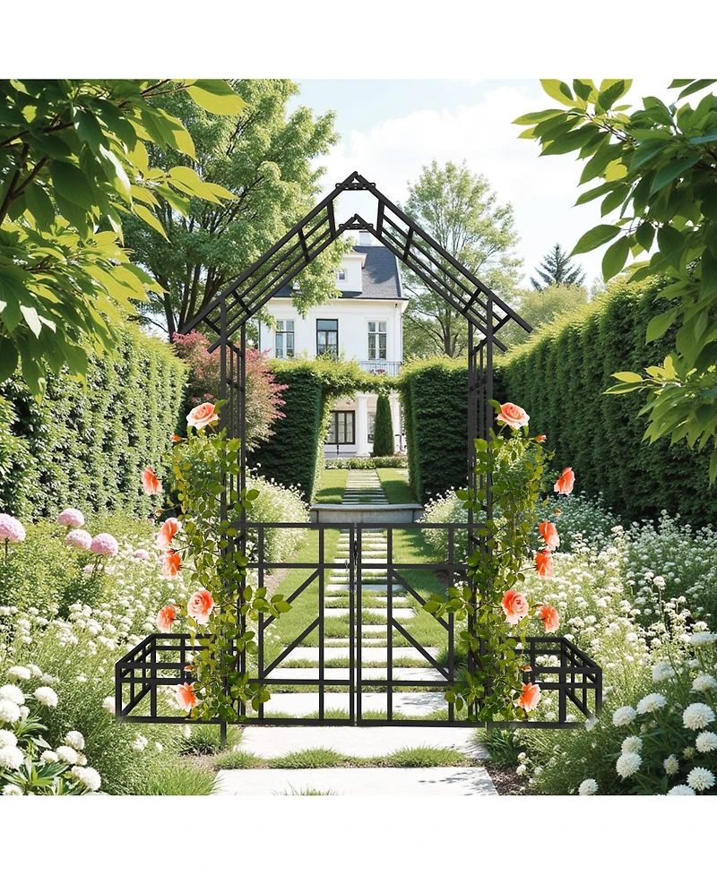 Clihome Metal Garden Arch with Gate with planter W80.71H97.24 Climbing Plants Support Rose Arch Outdoor