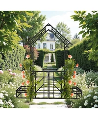 Clihome Metal Garden Arch with Gate with planter W80.71H97.24 Climbing Plants Support Rose Arch Outdoor