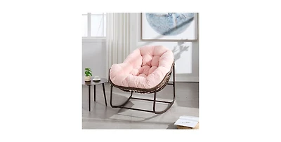 Flynama Outdoor Rattan Rocking Chair Oversized Padded Cushion Rocker Recliner Powder Coated Steel Frame for Front Porch Patio Garden