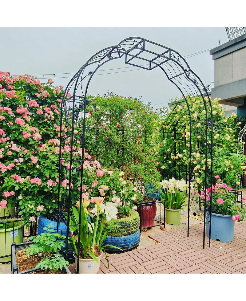 Clihome Metal Garden Arch with Gate 79.5" Wide x 86.6" High Climbing Plants Support Rose Arch Outdoor