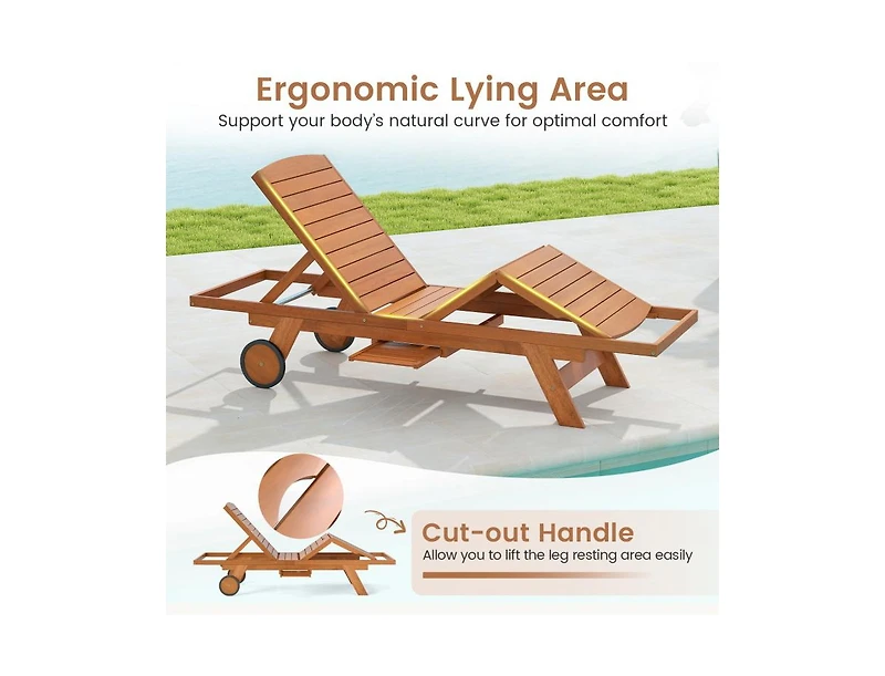 Clihome Outdoor Chaise Lounge Chair with Wheels 4-Position Patio Wood Recliner with Adjustable Backrest