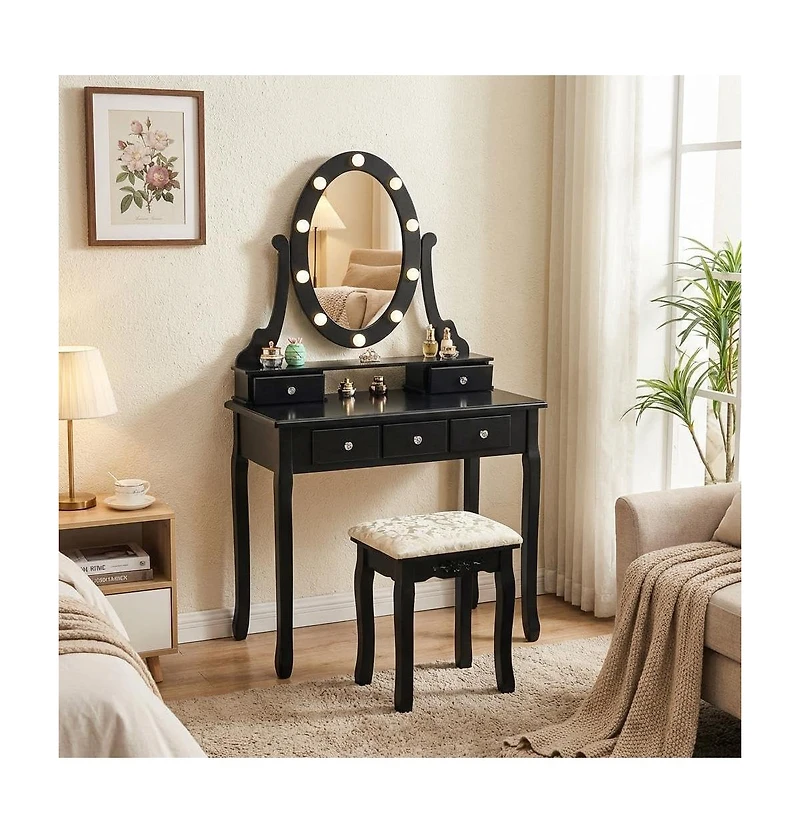 gaomon Led Lighted Mirror Vanity Table Set with Ample Storage, Makeup Dressing Desk for Bedroom