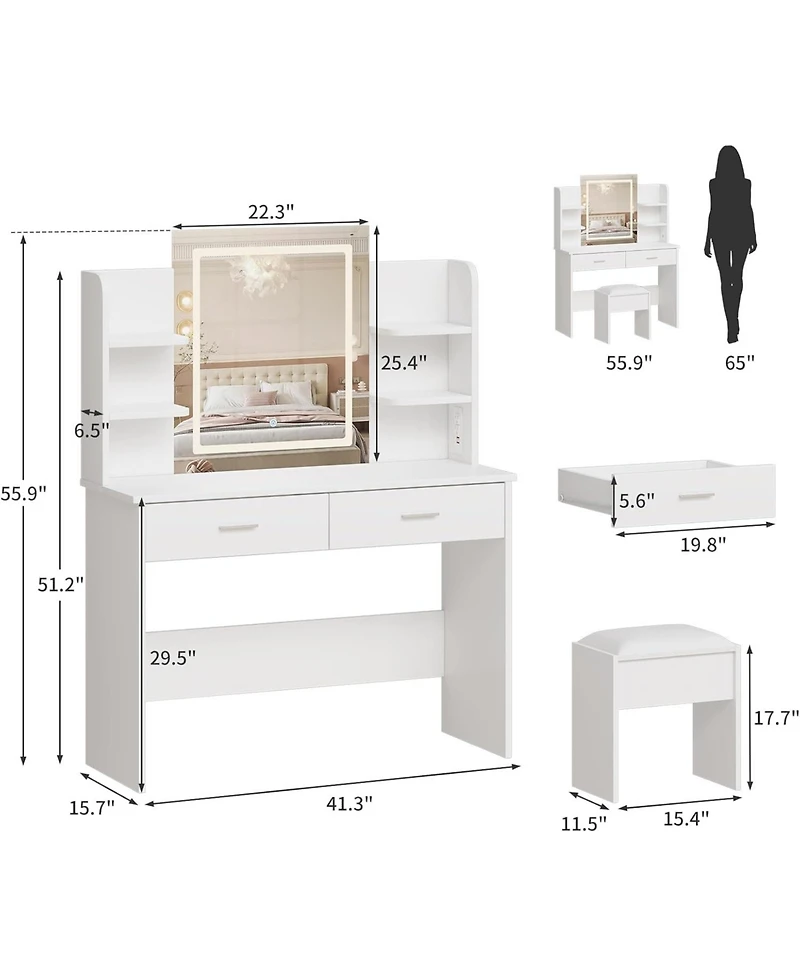 gaomon Makeup Vanity Desk with Led Mirror, 2 Drawers, Power Outlet & Cushioned Stool, 3 Light Modes
