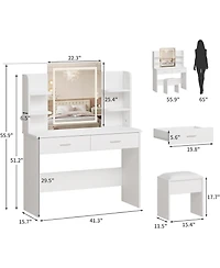 gaomon Makeup Vanity Desk with Led Mirror, 2 Drawers, Power Outlet & Cushioned Stool, 3 Light Modes
