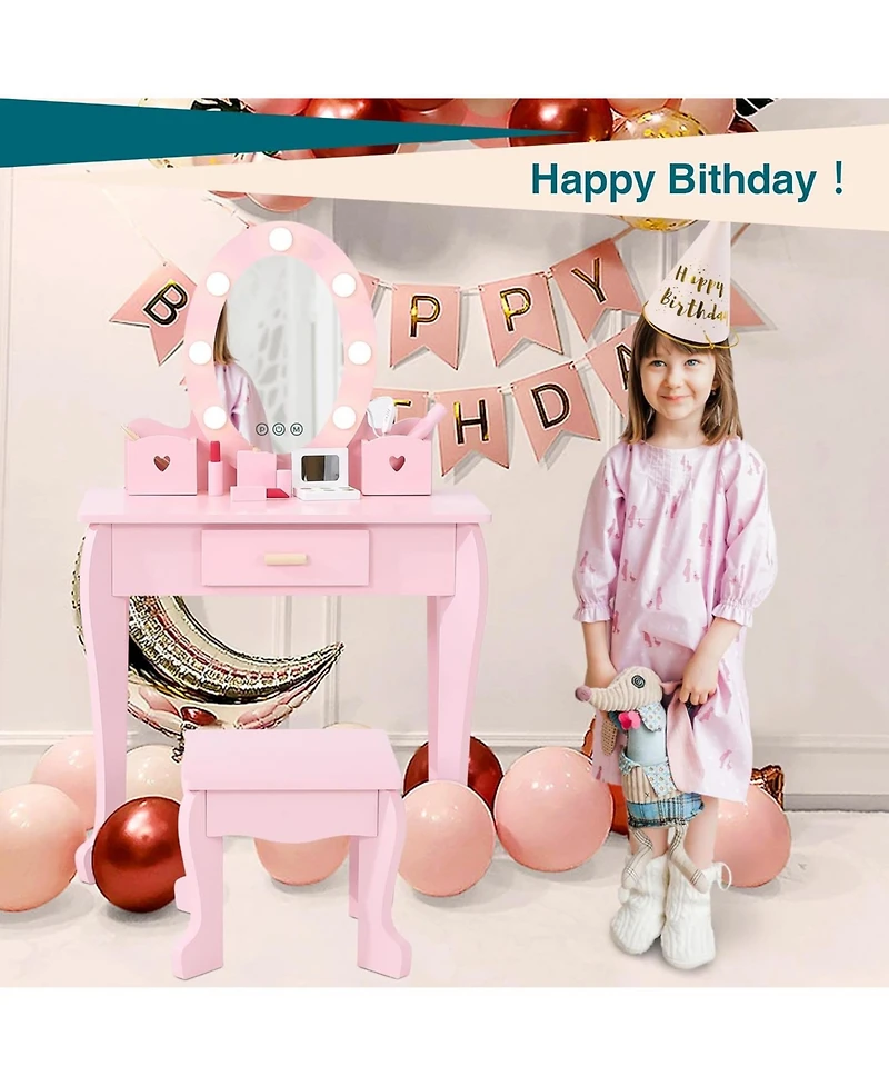 gaomon Wooden Kids Vanity Table with Lighted Mirror & Stool, Makeup Playset for Girls Ages 4-9,