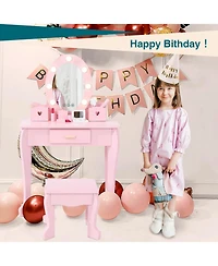 gaomon Wooden Kids Vanity Table with Lighted Mirror & Stool, Makeup Playset for Girls Ages 4-9,