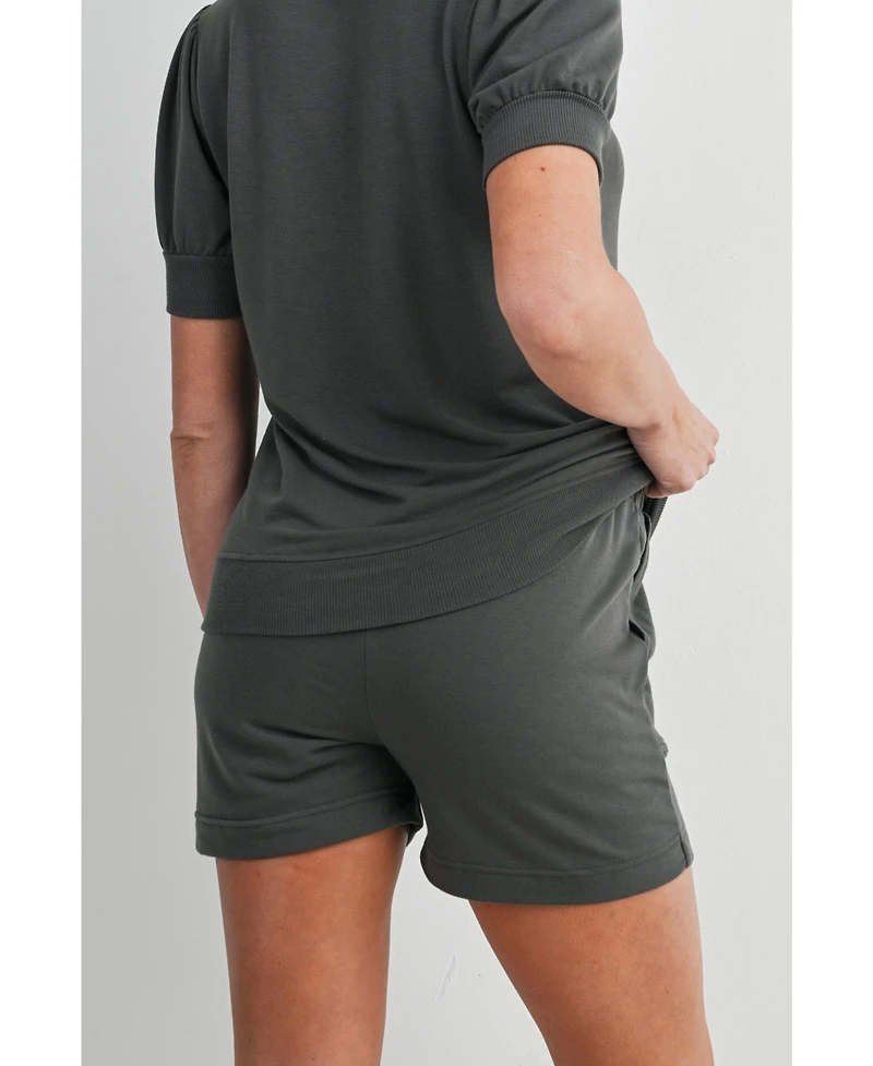 Hello Miz Maternity French Terry Lounge Set - Puff Sleeve Top and Shorts with Pockets