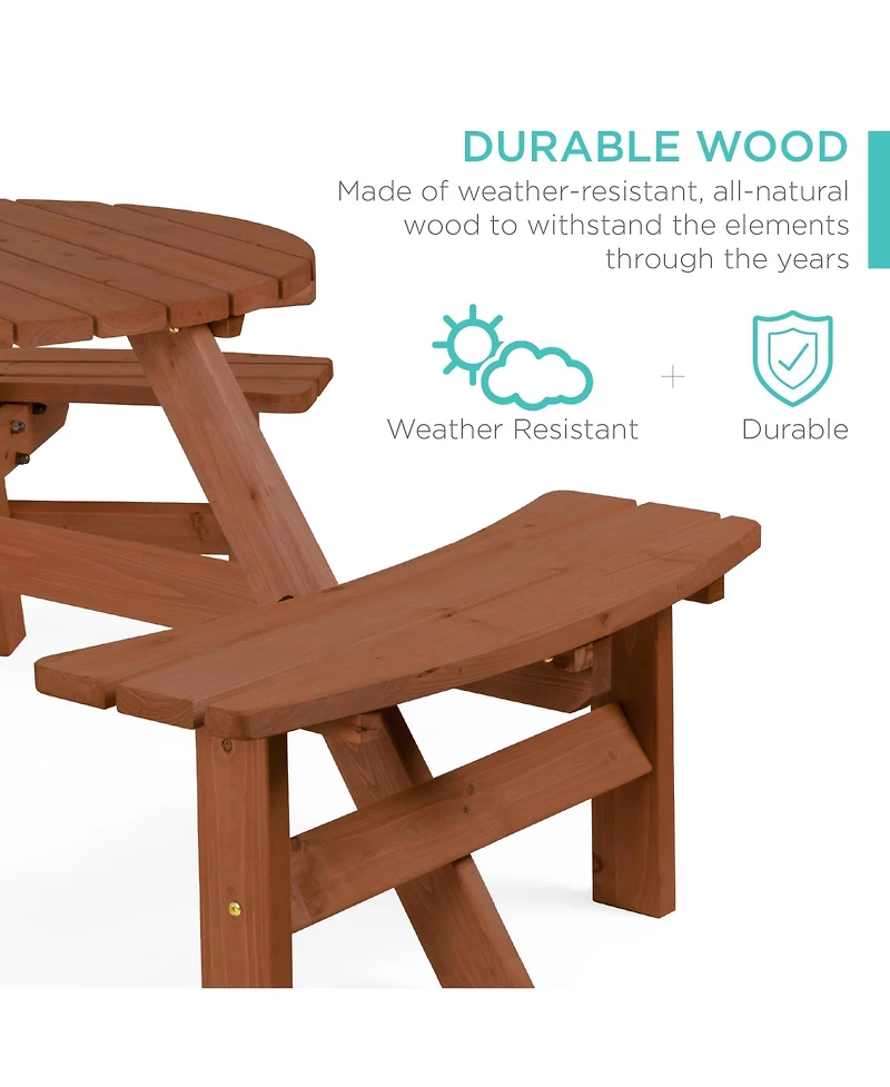 Best Choice Products 6-Person Circular Outdoor Wooden Picnic Table w/ 3 Built-In Benches, Umbrella Hole