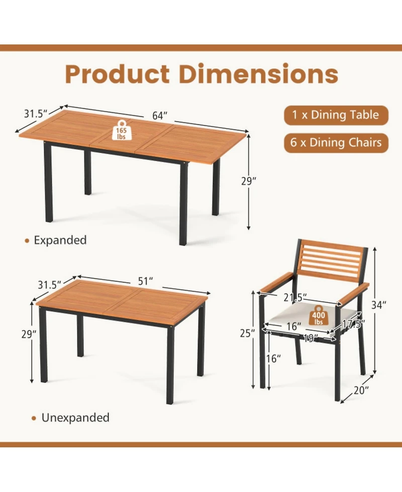 Clihome 7-Piece Patio Dining Set Wood Metal with Seat Cushions and Umbrella Hole
