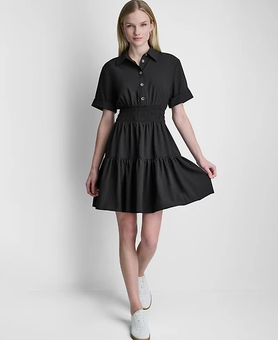 Dkny Women's Short-Sleeve Smocked Waist Tiered Shirt Dress
