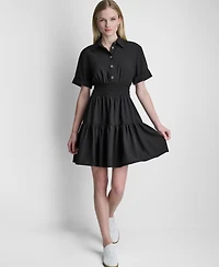 Dkny Women's Short-Sleeve Smocked Waist Tiered Shirt Dress