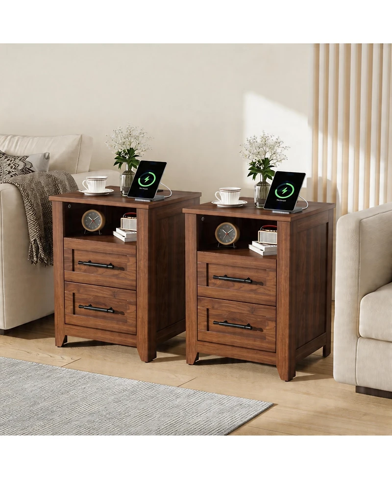 gaomon Set of 2 Farmhouse Nightstand with Charging Station 2 Drawers and Open Shelf, Usb/Type-c/Ac Outlets