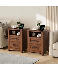 gaomon Set of 2 Farmhouse Nightstand with Charging Station 2 Drawers and Open Shelf, Usb/Type-c/Ac Outlets