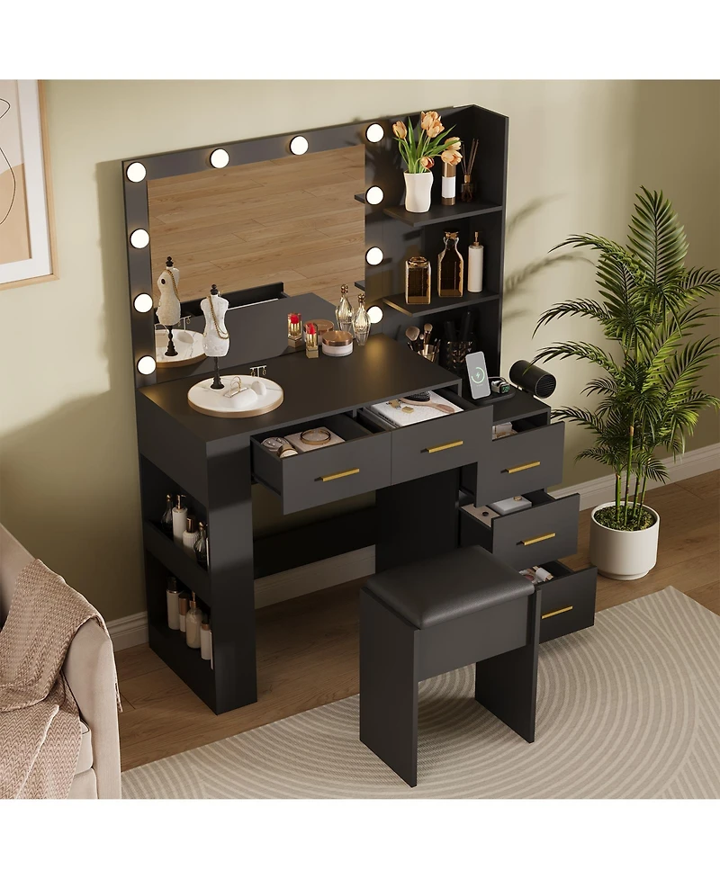 gaomon 41" Large Makeup Vanity Desk with 10-Bulb Mirror and Built-in Outlets - Dressing Table Featuring 3 Color Lighting Modes, 5 Drawers