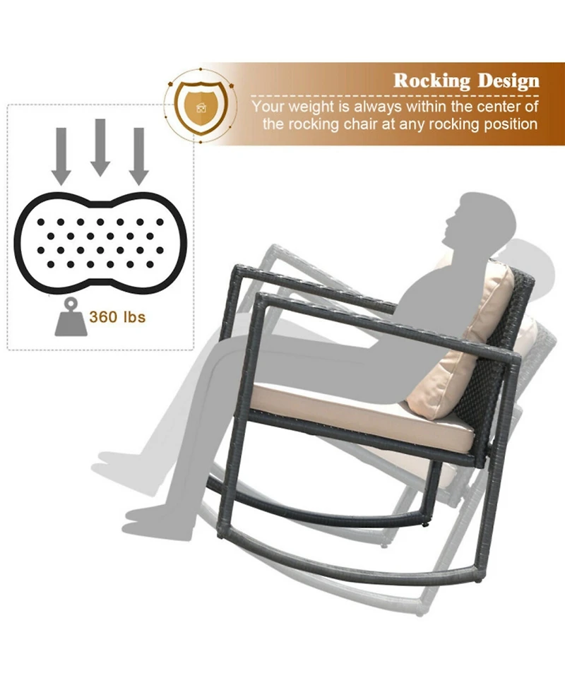 Clihome 3 Pieces Patio Rattan Furniture Set with Rocking Chairs and Table