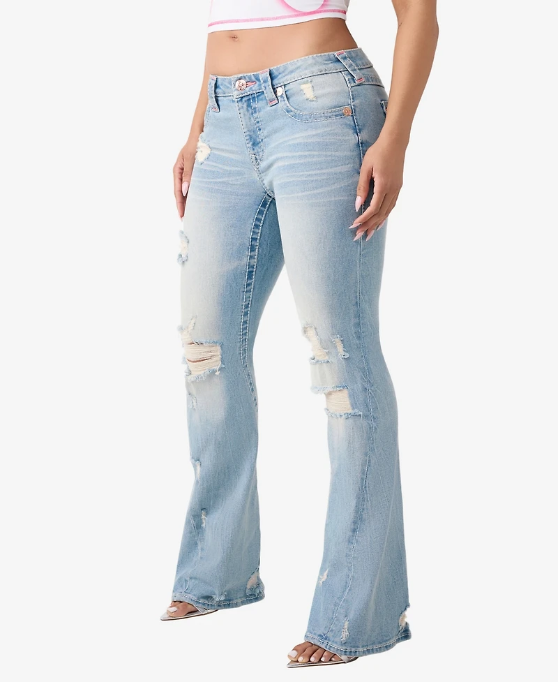 True Religion Women's Joey Mid-Rise Flare Big T Flap Jeans