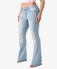 True Religion Women's Joey Mid-Rise Flare Big T Flap Jeans