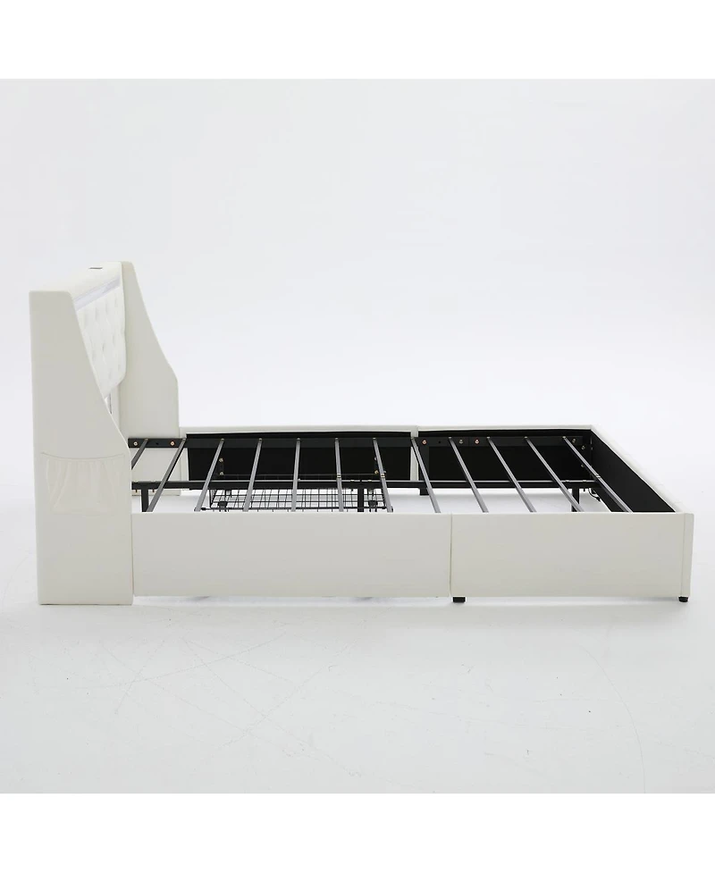 Streamdale Furniture Full Size Upholstered Wingback Bed Frame with Led, Storage and Charging Station