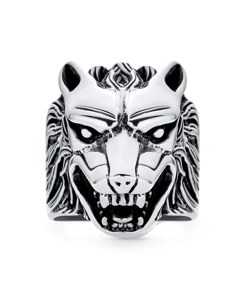 Bling Jewelry Hunter Animal Norse Viking Warrior Signet Fierce Wolf Head Ring Oxidized .925 Sterling Silver