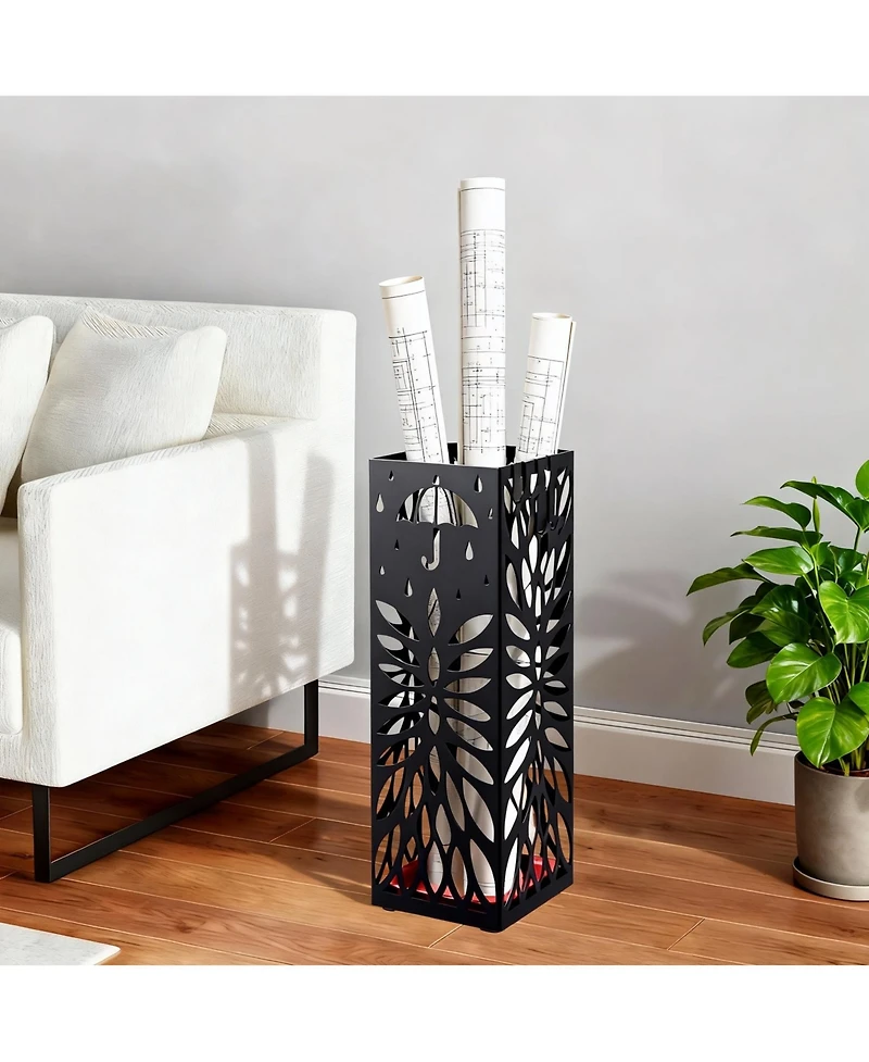 gaomon Square Metal Umbrella Stand, Rust-Resistant Steel, Removable Drip Tray, 4 Hooks, for Entryway and Office
