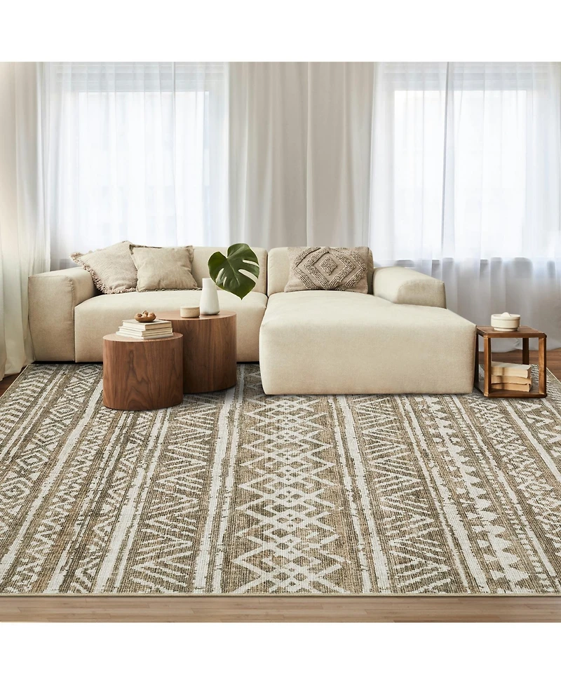 gaomon Washable Geometric Area Rug, Soft Non Slip Low Pile Indoor Carpet for Living Room Bedroom, Taupe 8 x 10 ft