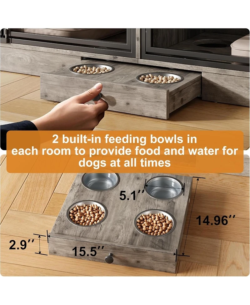 gaomon Dog Crate Furniture for 2 Dogs, Dog Kennel Indoor with 4 Storage Drawers and Feeding Bowls