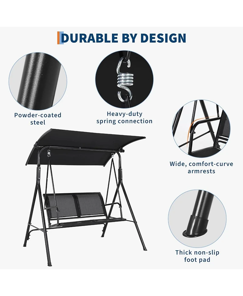 gaomon Porch Swing With Adjustable Canopy For Adults 2-Seat Outdoor Waterproof Textilene And Steel Frame Patio Swing Bench