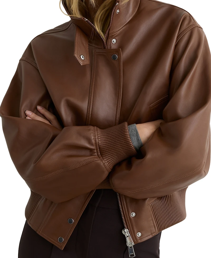 Reiss Women's Leather Funnel-Neck Bomber Jacket