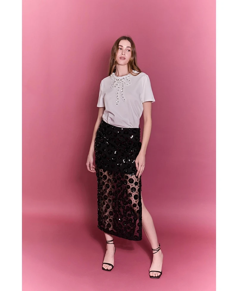 English Factory Women's Flower Sequin Sheer Midi Skirt
