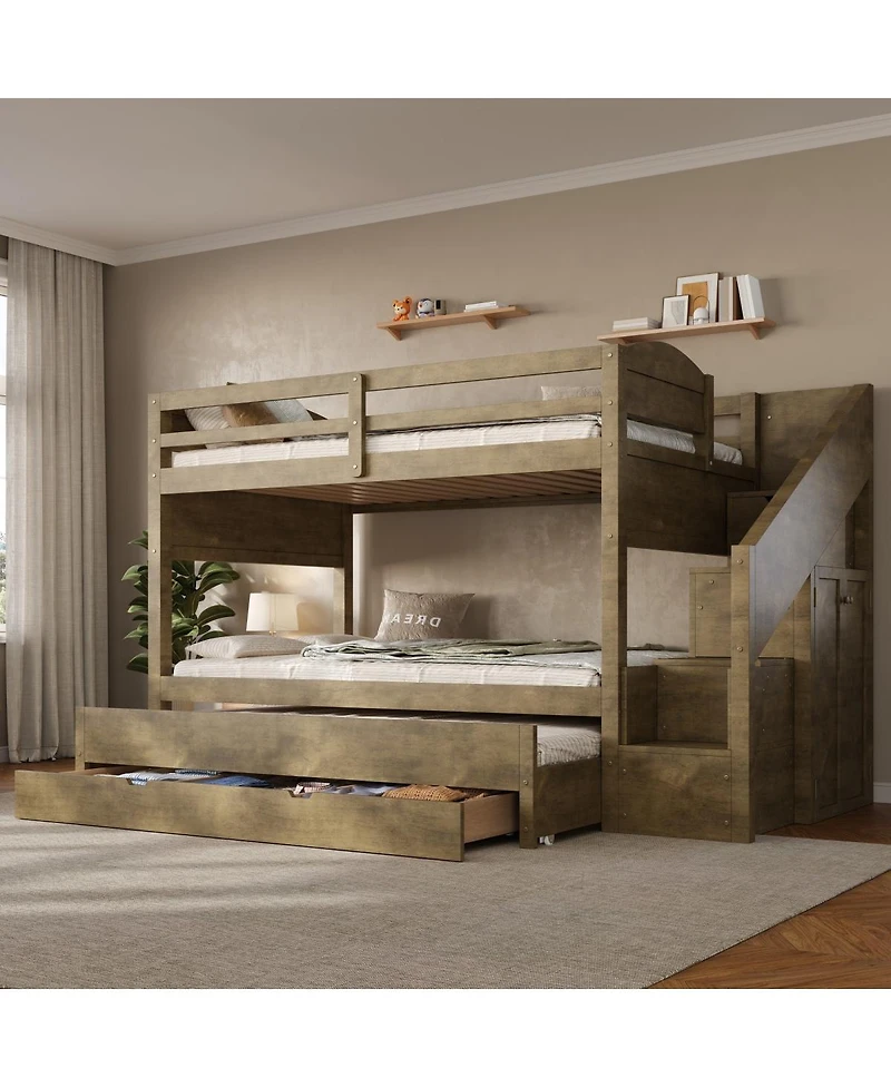 Streamdale Furniture Twin Xl Bunk Bed with Trundle, Storage Drawers, Staircase, and Wardrobe, Walnut