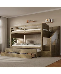 Streamdale Furniture Twin Xl Bunk Bed with Trundle, Storage Drawers, Staircase, and Wardrobe, Walnut