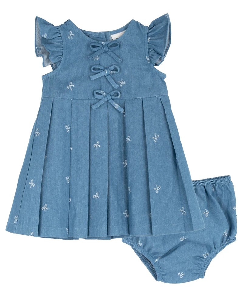 Rare Editions Baby Girls' Printed Bow Denim Dress with Diaper, 2-Piece Set
