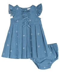 Rare Editions Baby Girls' Printed Bow Denim Dress with Diaper, 2-Piece Set