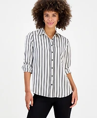 Kasper Petite Printed Long-Sleeve Satin Shirt