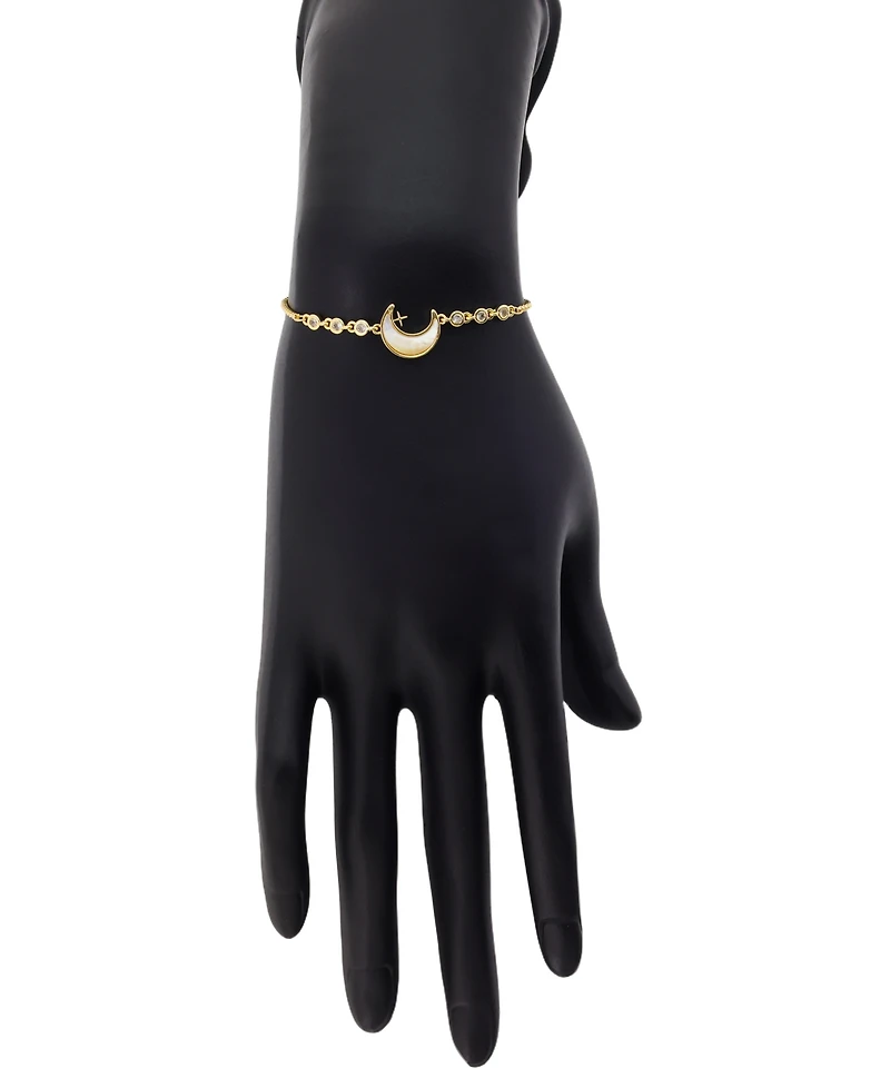 Unwritten Imitation Pearl and Cubic Zirconia Gold-Tone Plated Celestial Moon Adjustable Bolo Bracelet