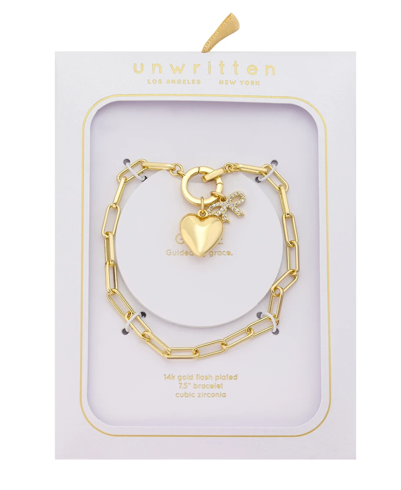 Unwritten Cubic Zirconia Gold-Tone Plated Bow and Heart Cluster Charm Paperclip Chain Bracelet